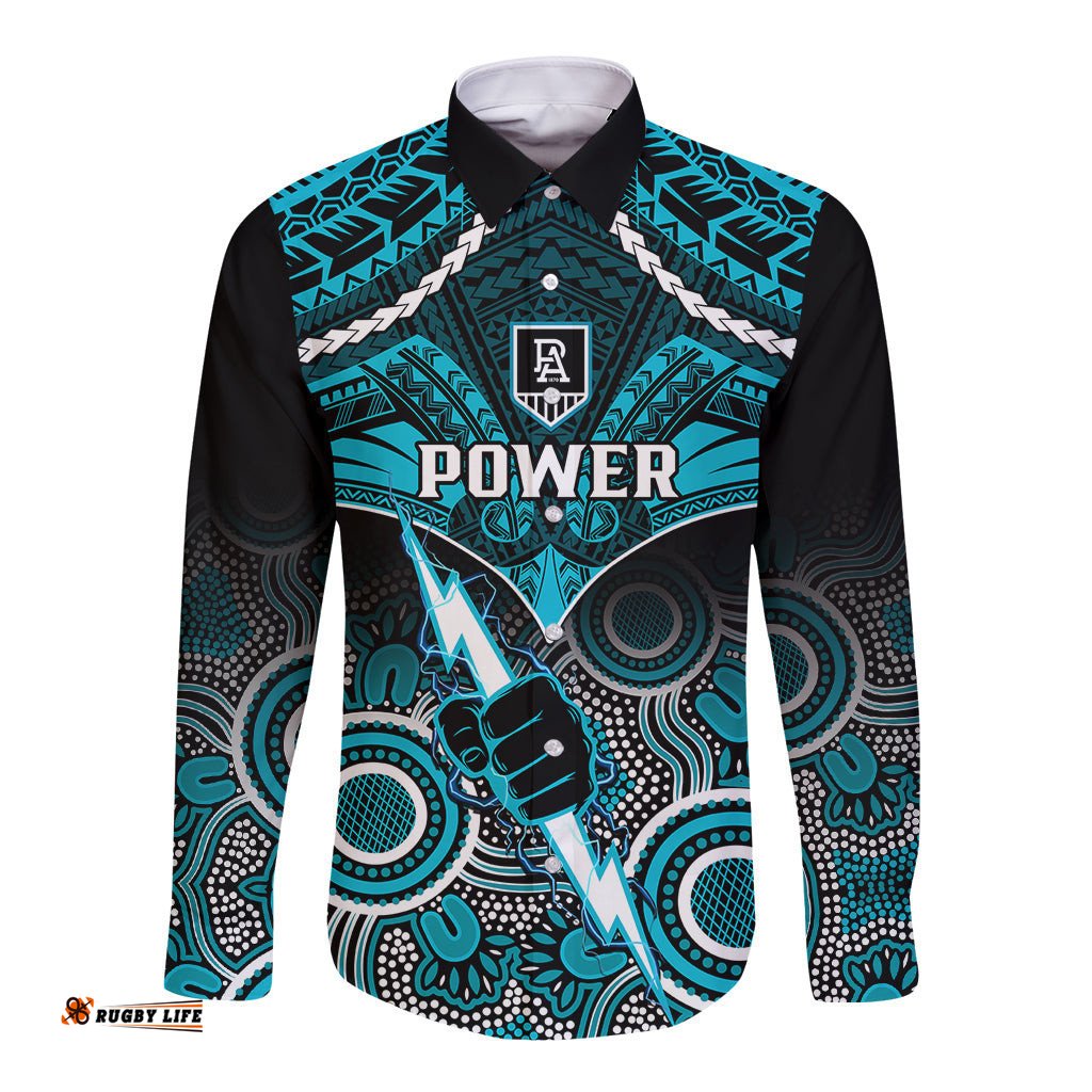 Personalised Port Adelaide Football Long Sleeve Button Shirt Power Aboriginal Mix Polynesian Pattern