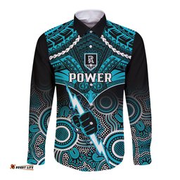 Personalised Port Adelaide Football Long Sleeve Button Shirt Power Aboriginal Mix Polynesian Pattern
