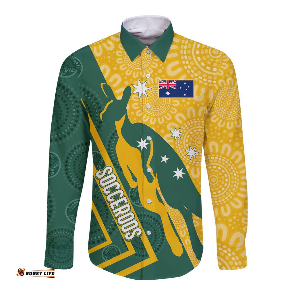 Personalised Australia Socceroos Indigenous Long Sleeve Button Shirt Green & Gold