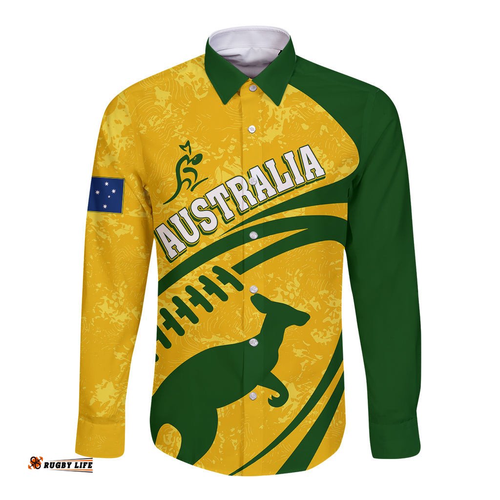 Personalised Aussie Wallabies Long Sleeve Button Shirt Rugby World Cup Sporty Dynamic