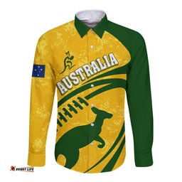 Personalised Aussie Wallabies Long Sleeve Button Shirt Rugby World Cup Sporty Dynamic