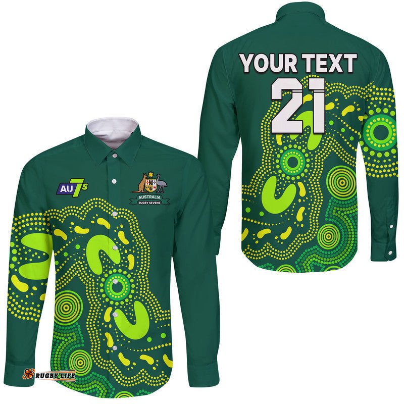 Custom Text And Number Australia Rugby Sevens Hawaii Long Sleeve Button Shirt Aboriginal