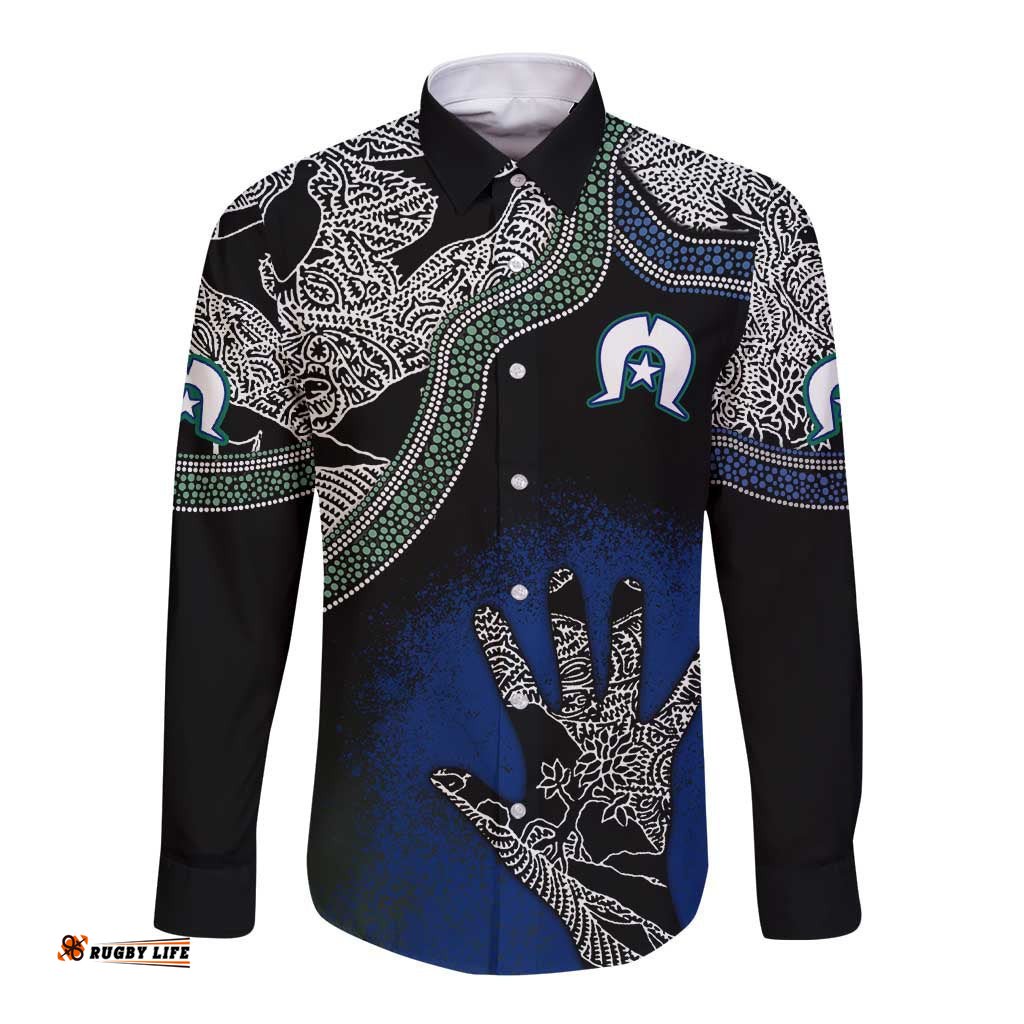 Black And White Aboriginal - Torres Strait Islanders Flag Long Sleeve Button Shirt TS04