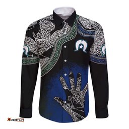 Black And White Aboriginal - Torres Strait Islanders Flag Long Sleeve Button Shirt TS04