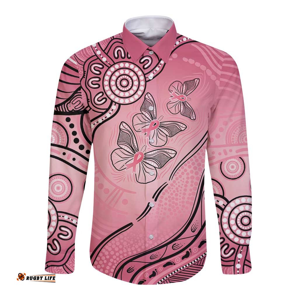 Pink Aboriginal Butterfly Ribbon Cancer Long Sleeve Button Shirt