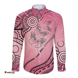 Pink Aboriginal Butterfly Ribbon Cancer Long Sleeve Button Shirt