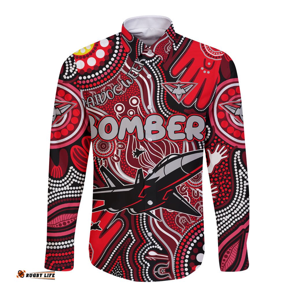 Personalised NAIDOC Week 2024 Essendon Bombers Long Sleeve Button Shirt Australian Aboriginal Hand Painting