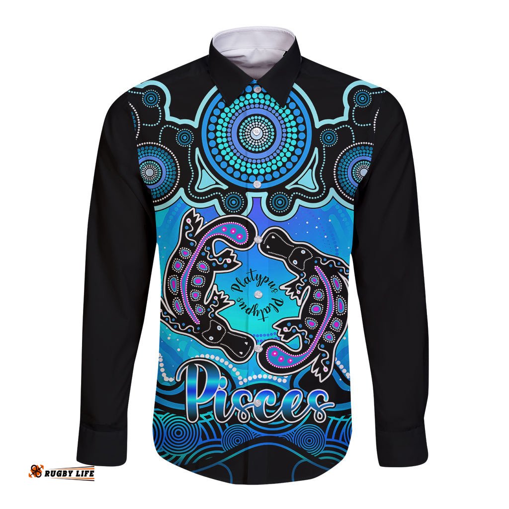 Personalised Australia Pisces Platypus Zodiac Long Sleeve Button Shirt Auz Astrology Aboriginal - Aqua