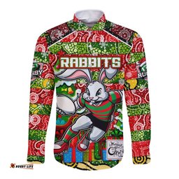 Custom Rabbitohs Rugby Merry Christmas Long Sleeve Button Shirt Indigenous Australian Art