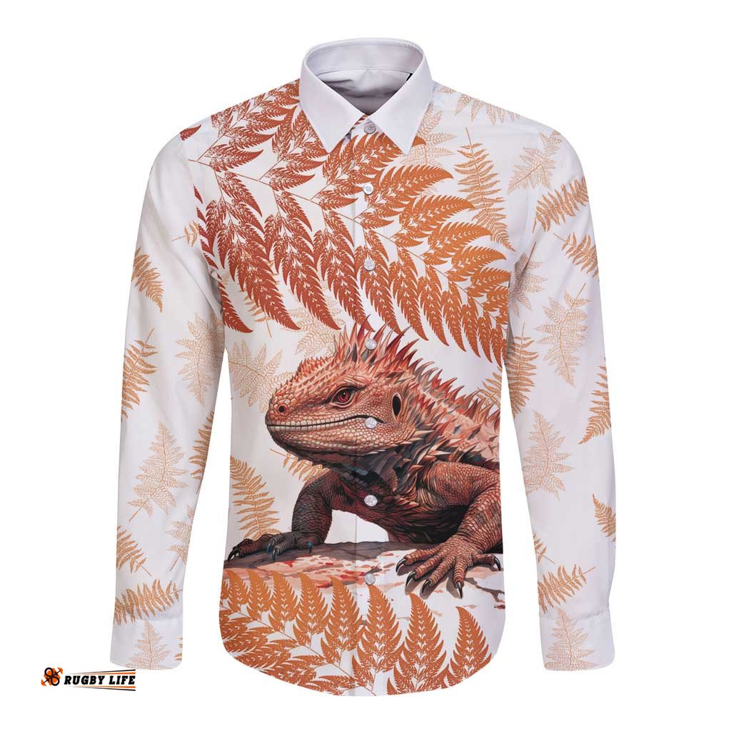 Red New Zealand Tuatara Long Sleeve Button Shirt Aotearoa Sphenodon Punctatus Silver Fern