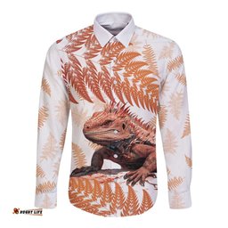 Red New Zealand Tuatara Long Sleeve Button Shirt Aotearoa Sphenodon Punctatus Silver Fern