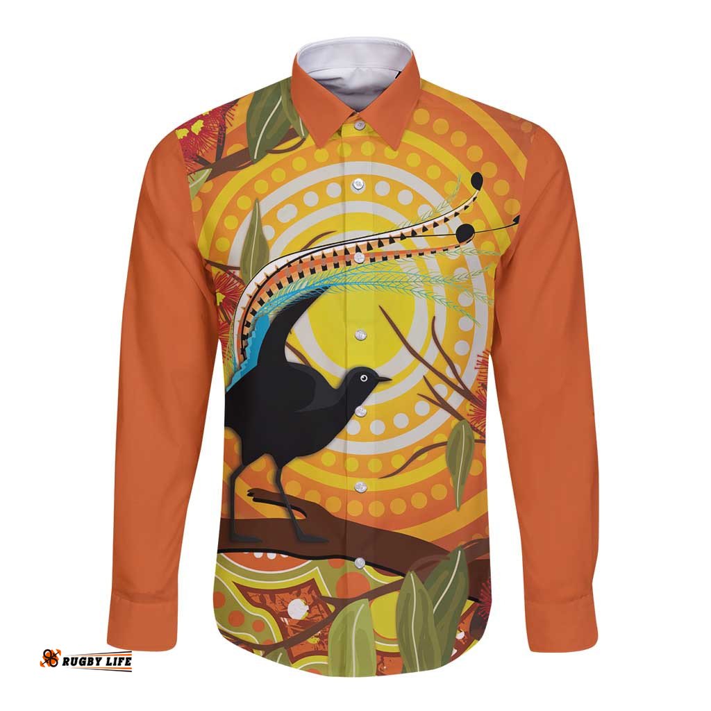 Australia Superb Lyrebird Long Sleeve Button Shirt Aboriginal Art