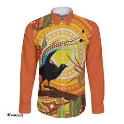 Australia Superb Lyrebird Long Sleeve Button Shirt Aboriginal Art