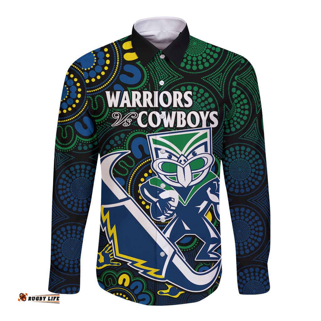 NRL Combine Warriors and Cowboys Long Sleeve Button Shirt Aboriginal