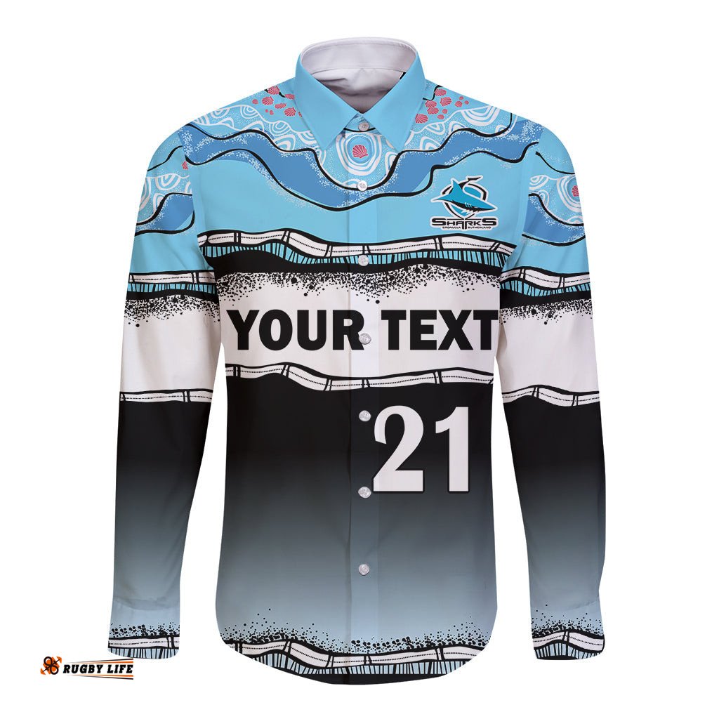 Custom Text And Number Cronulla-Sutherland Sharks Rugby Long Sleeve Button Shirt Simple Style
