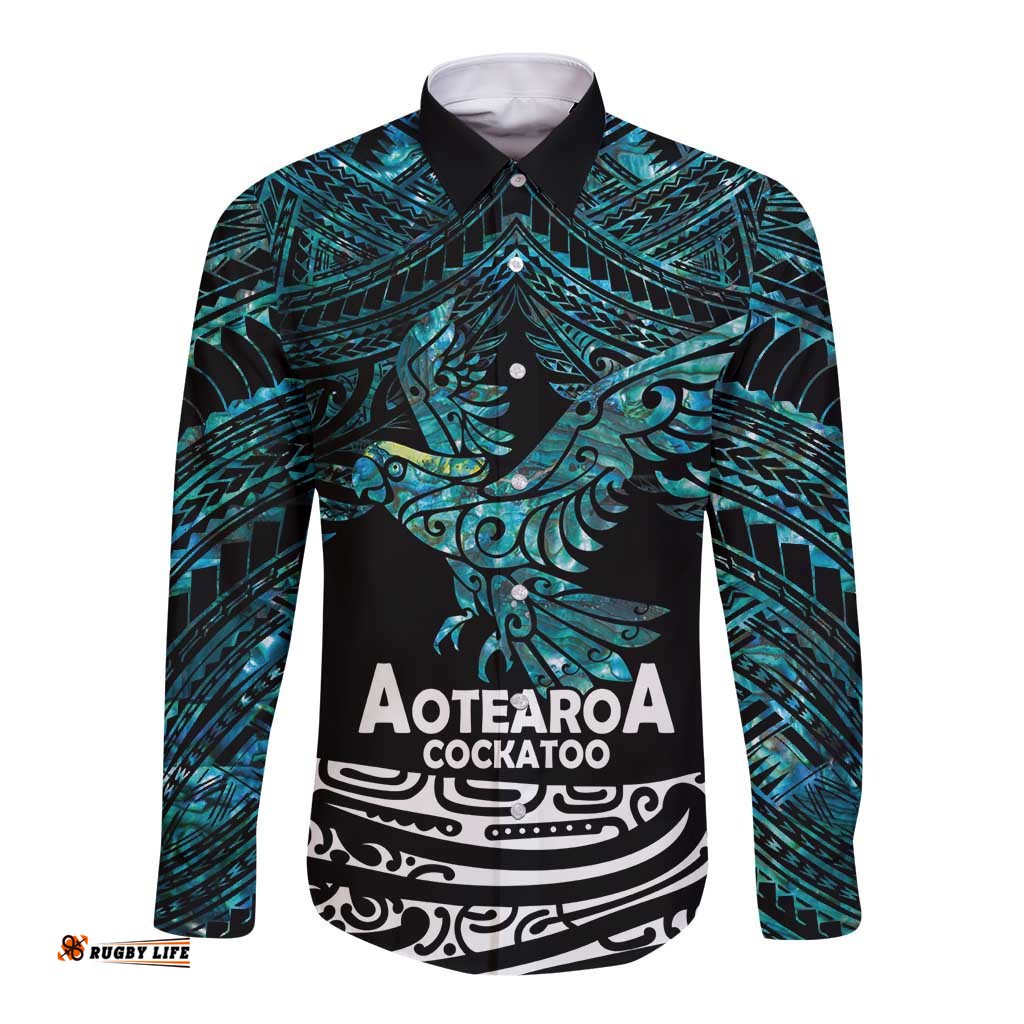 New Zealand Sulphur-crested Cockatoo Long Sleeve Button Shirt Aotearoa Maori Mix Paua Shell