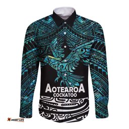 New Zealand Sulphur-crested Cockatoo Long Sleeve Button Shirt Aotearoa Maori Mix Paua Shell