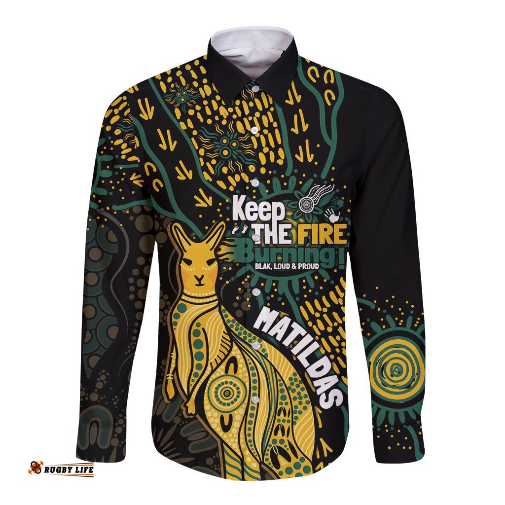 Australia Matildas Indigenous Long Sleeve Button Shirt NAIDOC 2024 Keep The Fire Burning