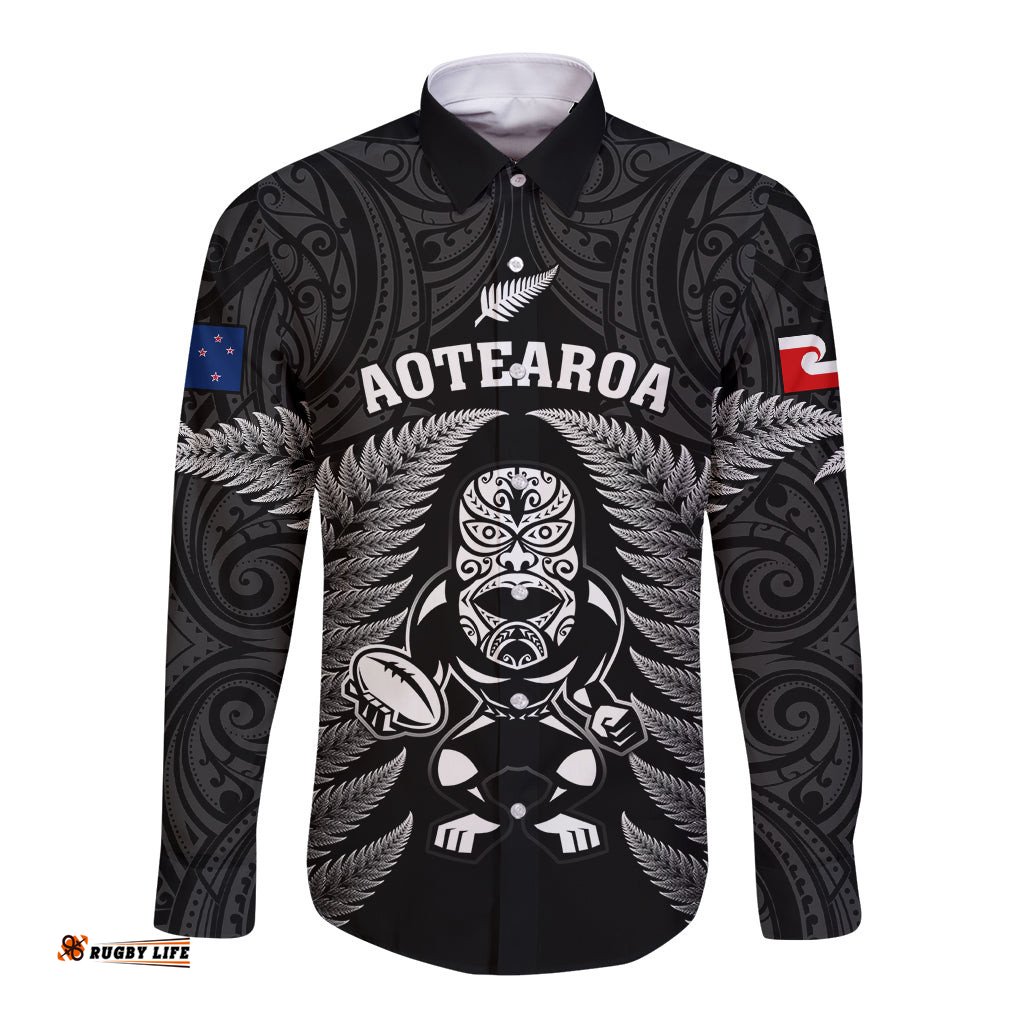 Custom New Zealand Aotearoa Rugby Long Sleeve Button Shirt NZ Tiki With Maori Fern World Cup Black Version