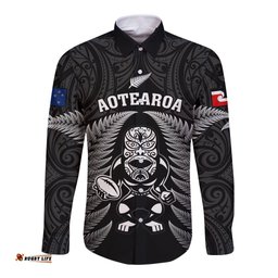 Custom New Zealand Aotearoa Rugby Long Sleeve Button Shirt NZ Tiki With Maori Fern World Cup Black Version
