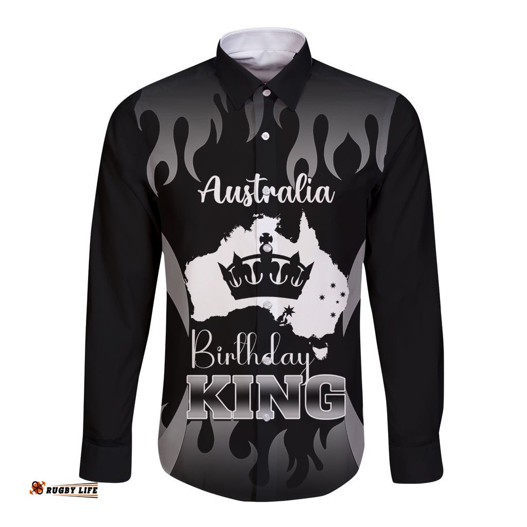 Personalised Australia King Birthday Long Sleeve Button Shirt Australian Map With Crown Black Version