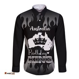 Personalised Australia King Birthday Long Sleeve Button Shirt Australian Map With Crown Black Version