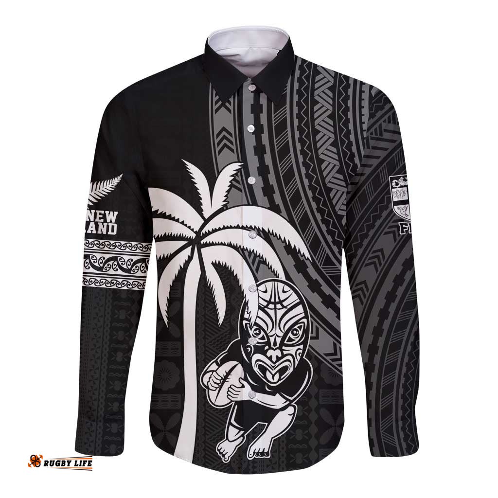 Custom Fiji New Zealand Rugby Long Sleeve Button Shirt Make History Together