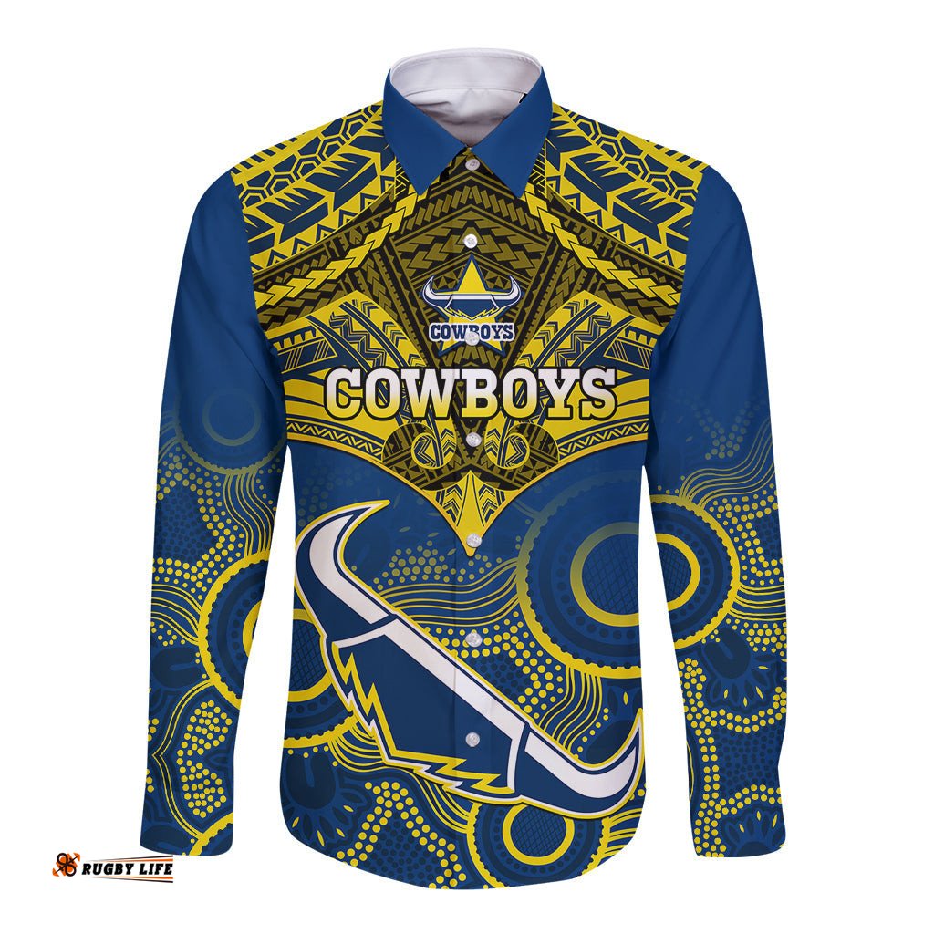 Personalised Cowboys Rugby Long Sleeve Button Shirt Aboriginal Mix Polynesian Pattern