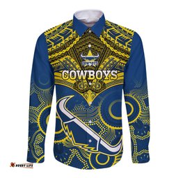 Personalised Cowboys Rugby Long Sleeve Button Shirt Aboriginal Mix Polynesian Pattern