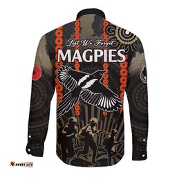 ANZAC Collingwood Football Long Sleeve Button Shirt Proud To Be Magpies Poppy Flowers and Aboriginal Version