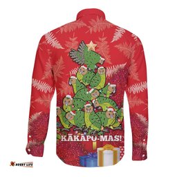 Kakapo New Zealand Christmas Long Sleeve Button Shirt Meri Kirihimete Pohutukawa Red Color