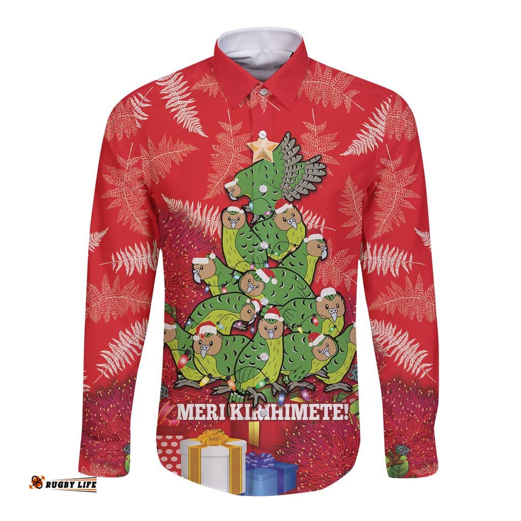 Kakapo New Zealand Christmas Long Sleeve Button Shirt Meri Kirihimete Pohutukawa Red Color