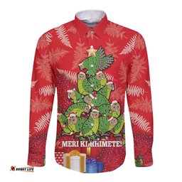 Kakapo New Zealand Christmas Long Sleeve Button Shirt Meri Kirihimete Pohutukawa Red Color