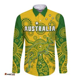 Custom Text And Number Australia Long Sleeve Button Shirt National Colours Proud Aussie Special Indigenous