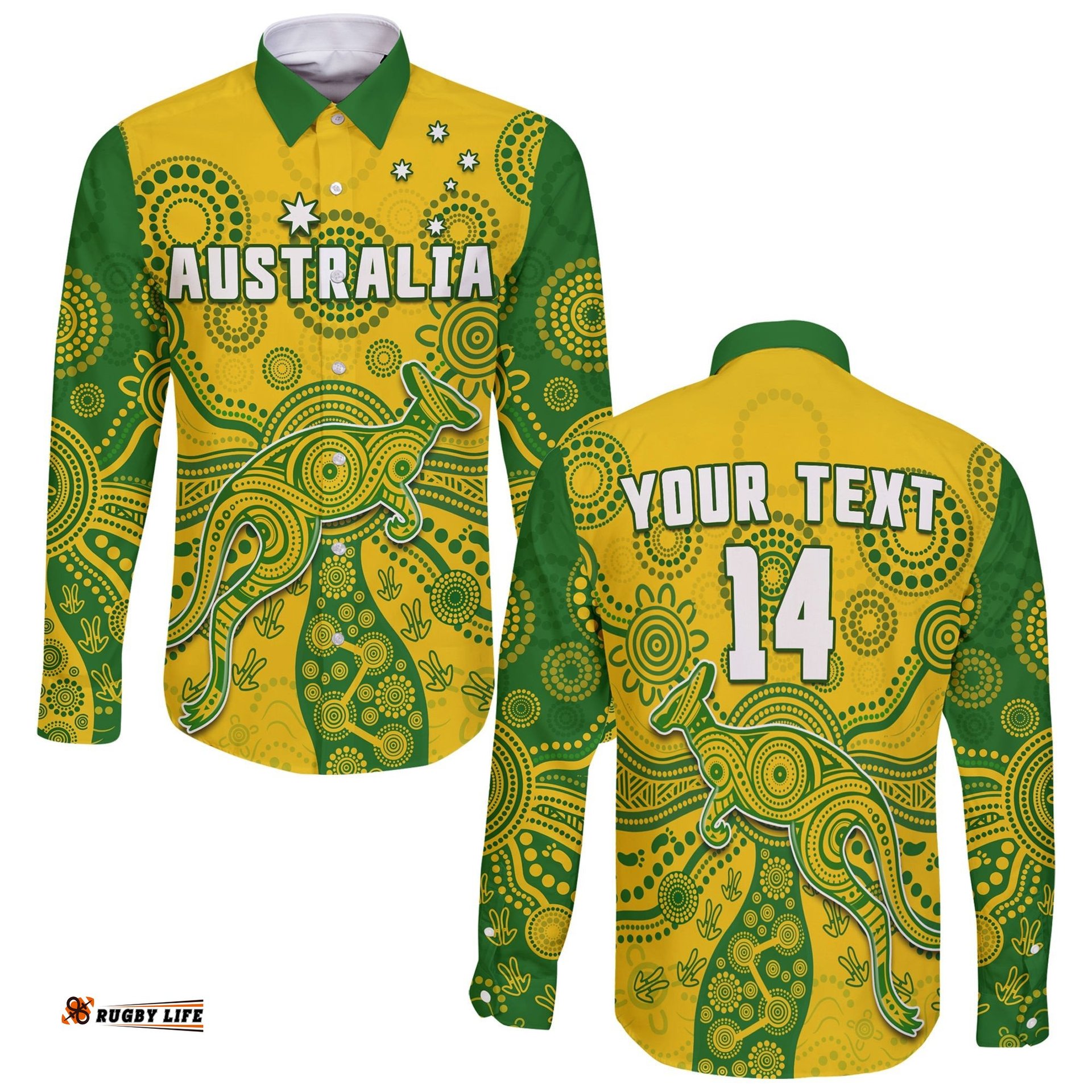 Custom Text And Number Australia Long Sleeve Button Shirt National Colours Proud Aussie Special Indigenous