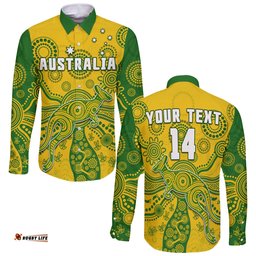 Custom Text And Number Australia Long Sleeve Button Shirt National Colours Proud Aussie Special Indigenous
