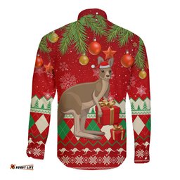 Australia Christmas Long Sleeve Button Shirt Aussie Kangaroo Santa Merry Xmas