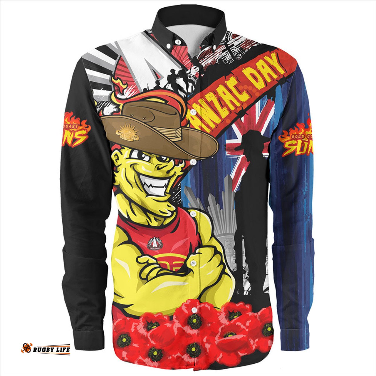 Gold Coast SUNS Long Sleeve Button Shirt Anzac Day Honor United In Spirit