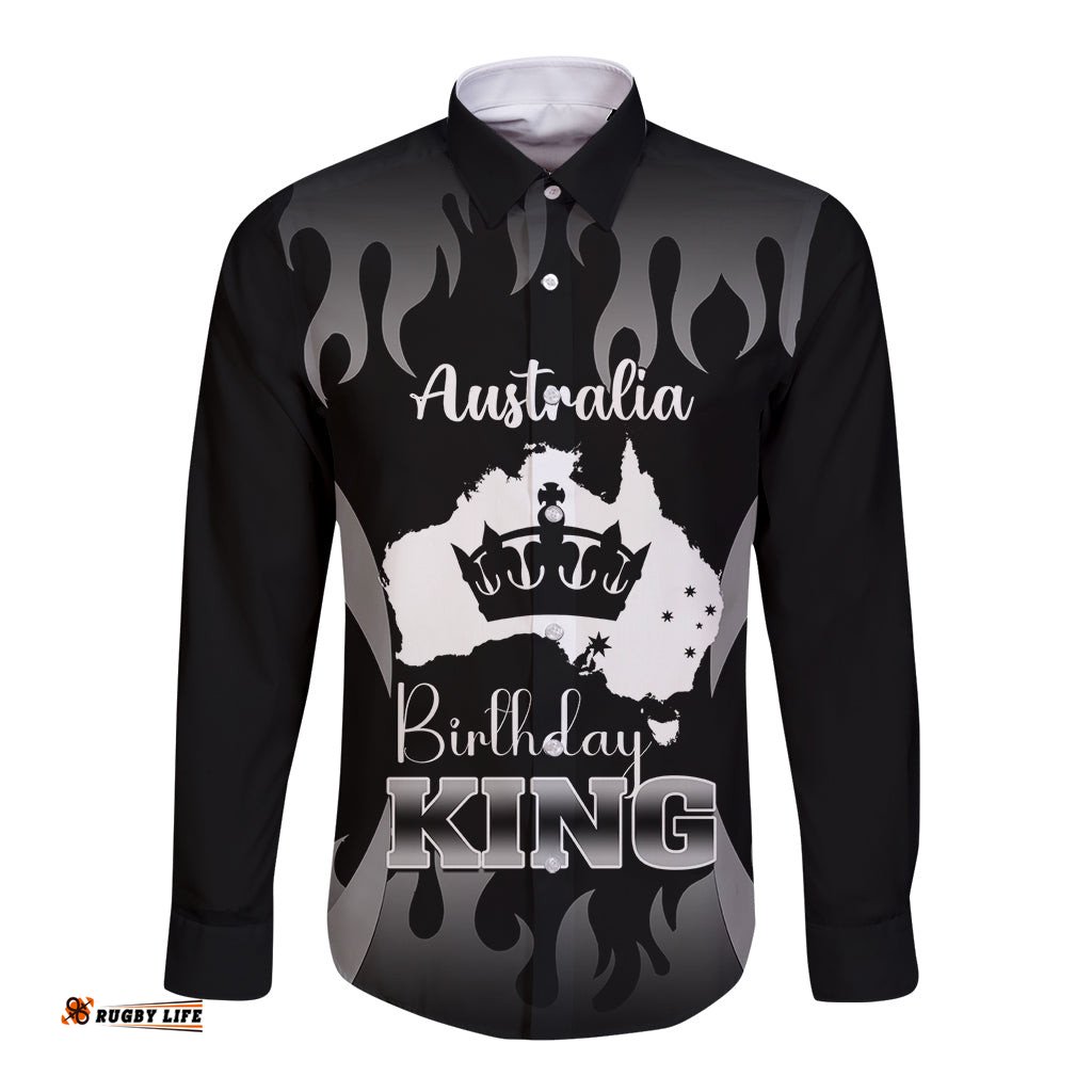 Australia King Birthday Long Sleeve Button Shirt Australian Map With Crown Black Version