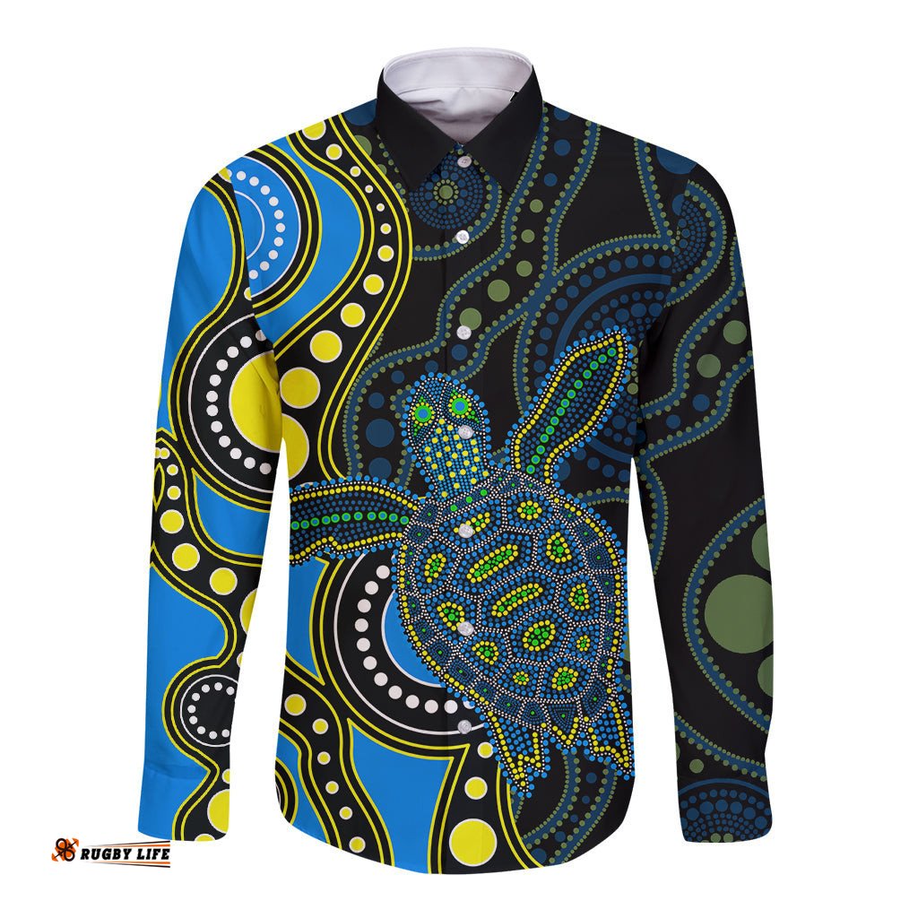 Aboriginal Turtle Long Sleeve Button Shirt Blue Style