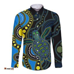 Aboriginal Turtle Long Sleeve Button Shirt Blue Style