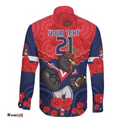 Custom Roosters Rugby ANZAC Long Sleeve Button Shirt Sydney Gallipoli Soldier With Aboriginal Art
