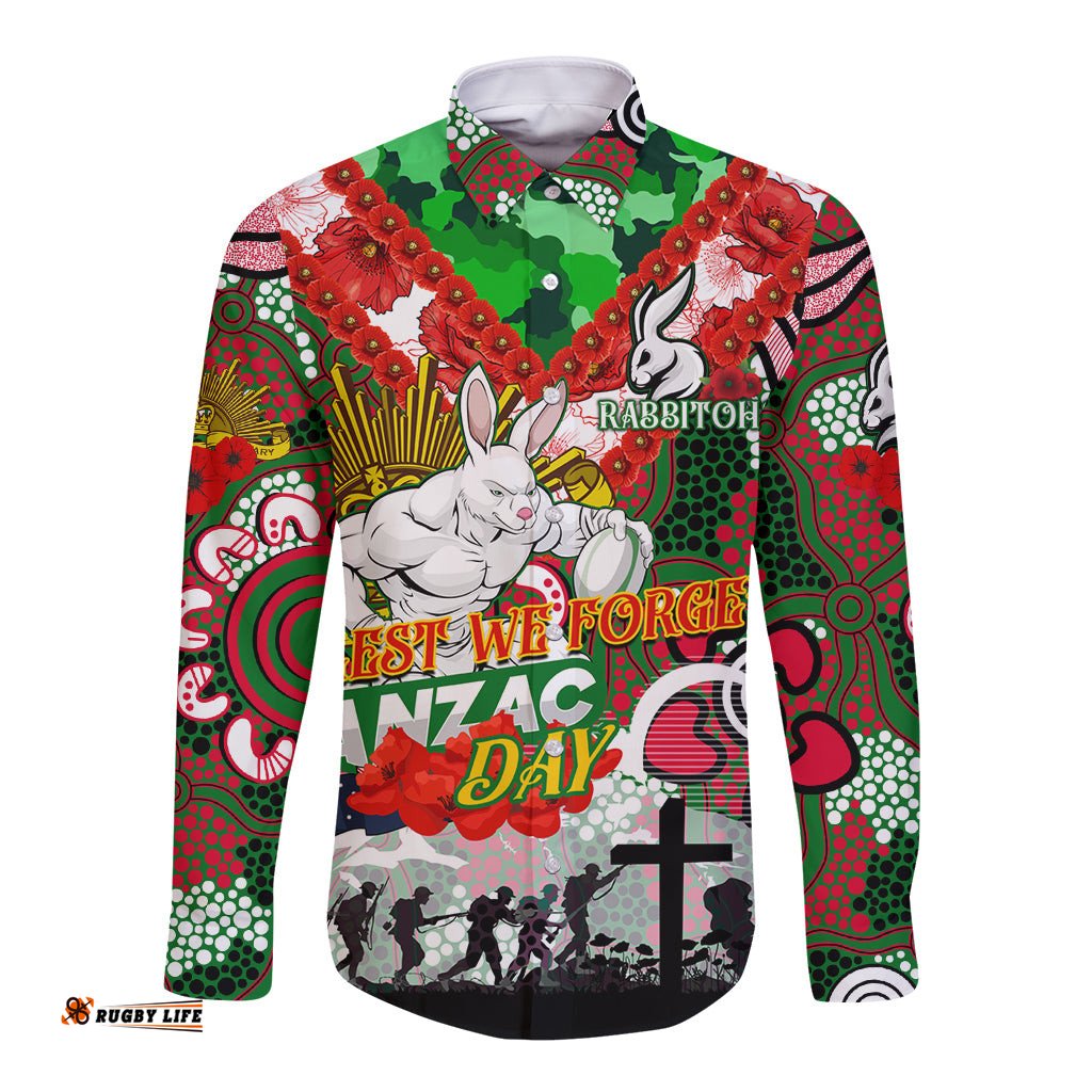 Personalised Rabbitohs ANZAC Day Long Sleeve Button Shirt Aboriginal Rising Sun
