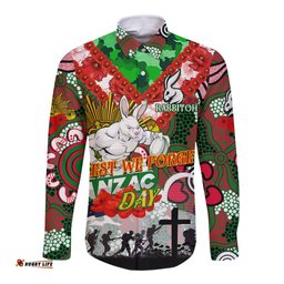 Personalised Rabbitohs ANZAC Day Long Sleeve Button Shirt Aboriginal Rising Sun