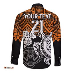 Custom Wests Tigers Rugby Long Sleeve Button Shirt Hibiscus and Turtle With Polynesian Pattern