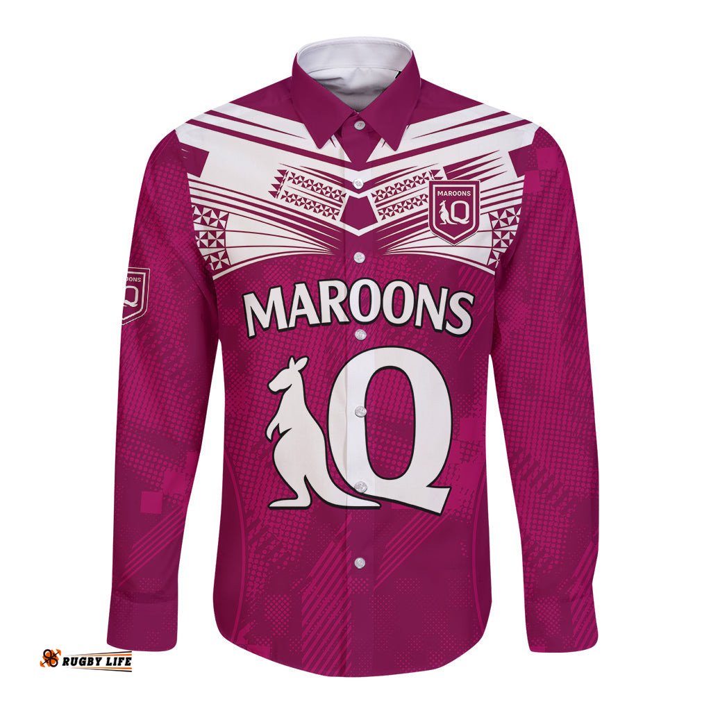 Custom Text And Number Queensland Maroon Rugby Long Sleeve Button Shirt Origin Queensland Sporty Style