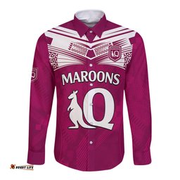 Custom Text And Number Queensland Maroon Rugby Long Sleeve Button Shirt Origin Queensland Sporty Style