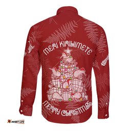 New Zealand Christmas Long Sleeve Button Shirt Silver Fern Mix Kiwi Bird Ver02