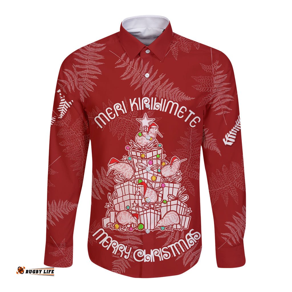 New Zealand Christmas Long Sleeve Button Shirt Silver Fern Mix Kiwi Bird Ver02