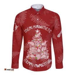 New Zealand Christmas Long Sleeve Button Shirt Silver Fern Mix Kiwi Bird Ver02